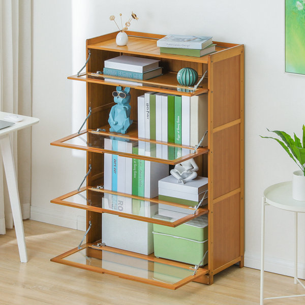 MoNiBloom Bamboo 4 Tiers Standard Bookcase with Acrylic Doors, Display